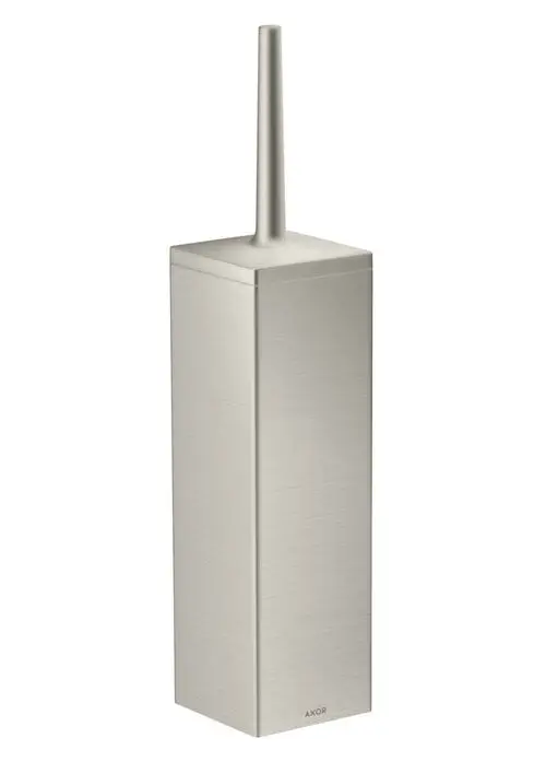 Toilettenbürstenhalter aus Metall in rechteckiger Form mit einer langen, schmalen Bürstenspitze, montiert an der Wand. Das Produkt trägt die Marke AXOR.